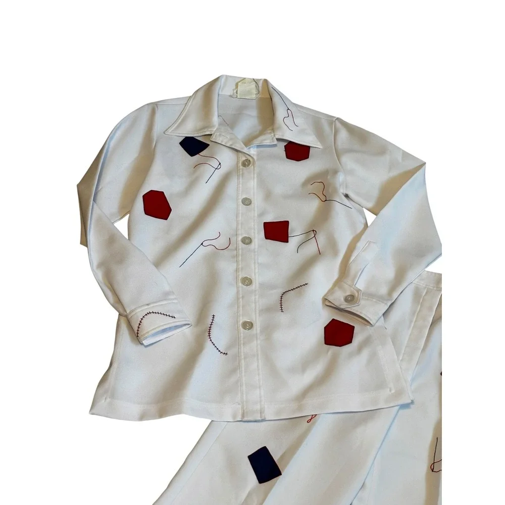 Vintage Sir James 70s White Polyester Kite Embroidery Pant Suit Set Womens 10